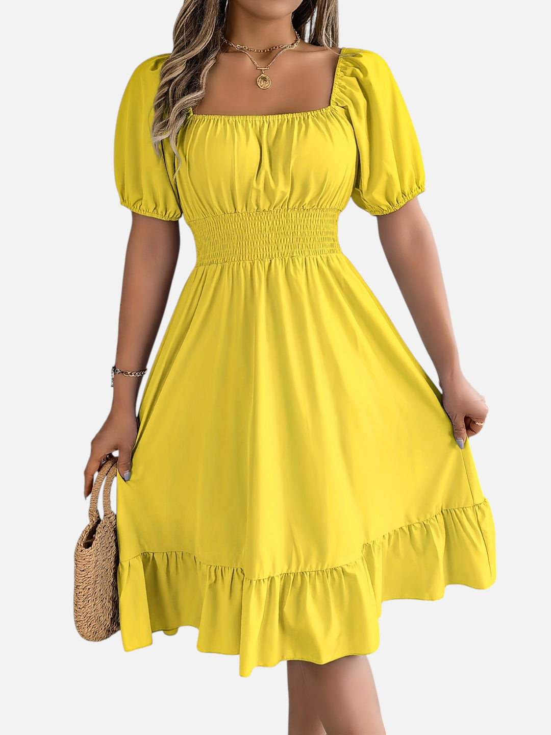 Women’s Midi Dress Square Neck A-Line Waist Belt Summer Dress