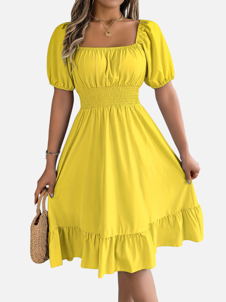 Women’s Midi Dress Square Neck A-Line Waist Belt Summer Dress