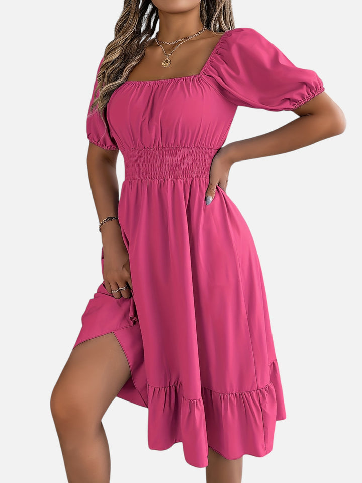 Women’s Midi Dress Square Neck A-Line Waist Belt Summer Dress