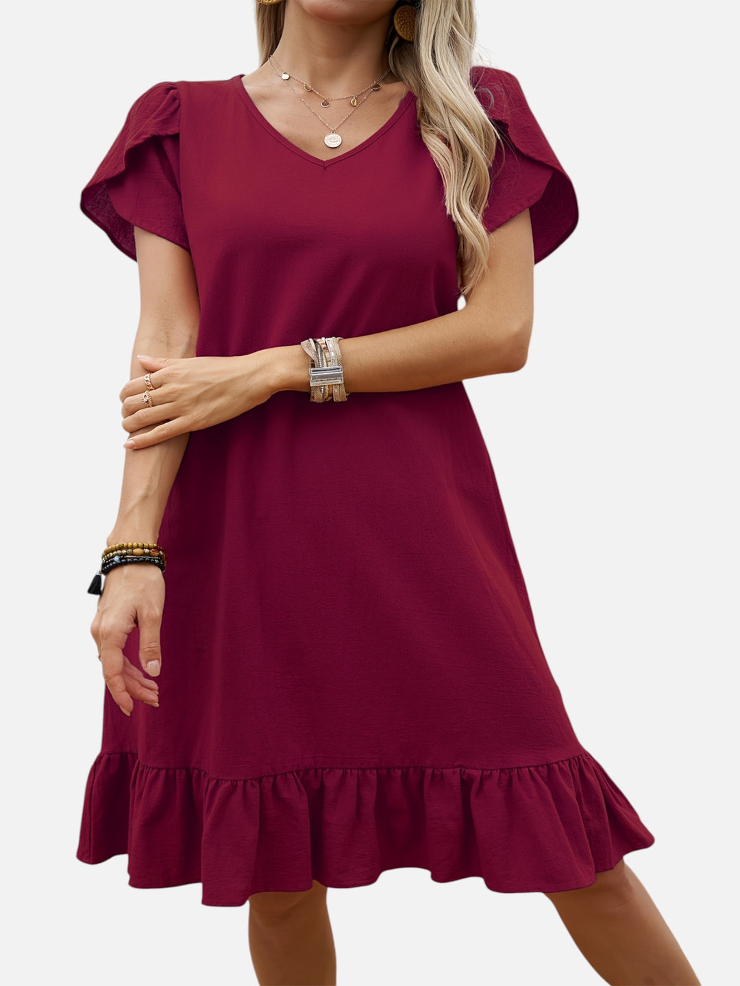 Women's Lightweight V-Neck Ruffle Dress Casual Chic Outfit