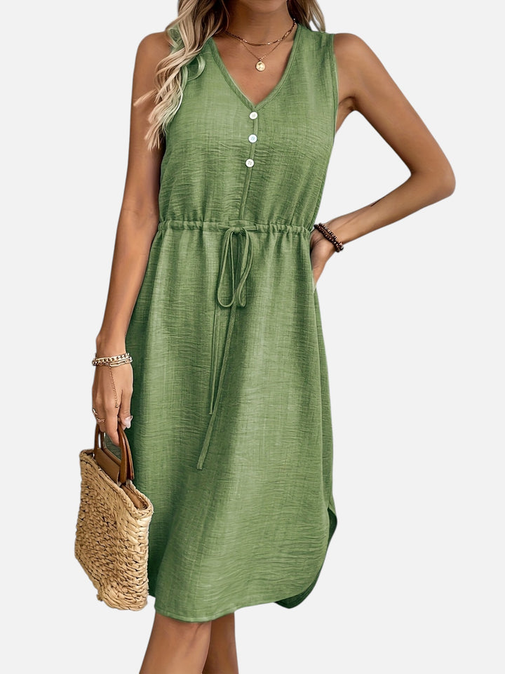Women's Casual Summer Maxi Dress V-Neck Drawstring Waist