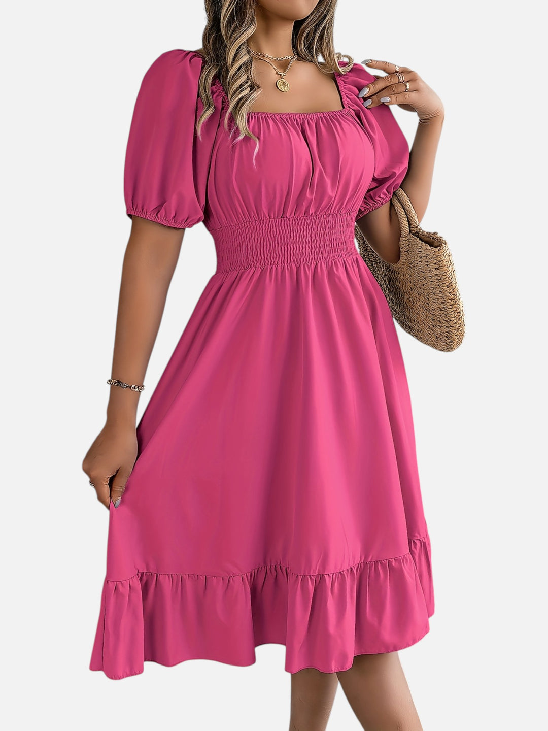 Women’s Midi Dress Square Neck A-Line Waist Belt Summer Dress