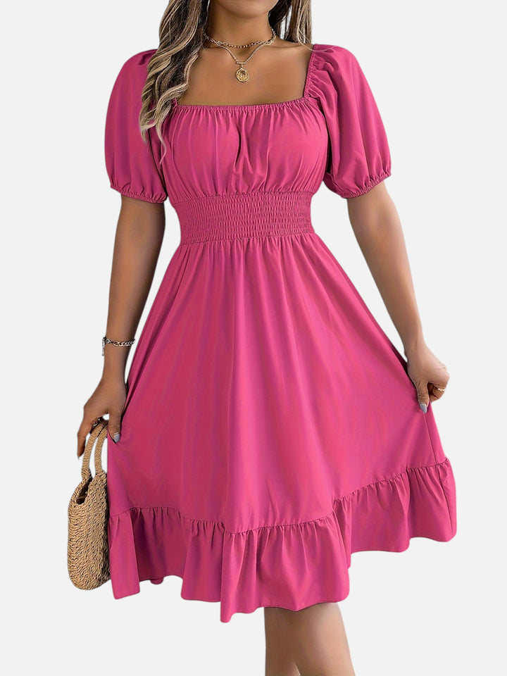 Women’s Midi Dress Square Neck A-Line Waist Belt Summer Dress