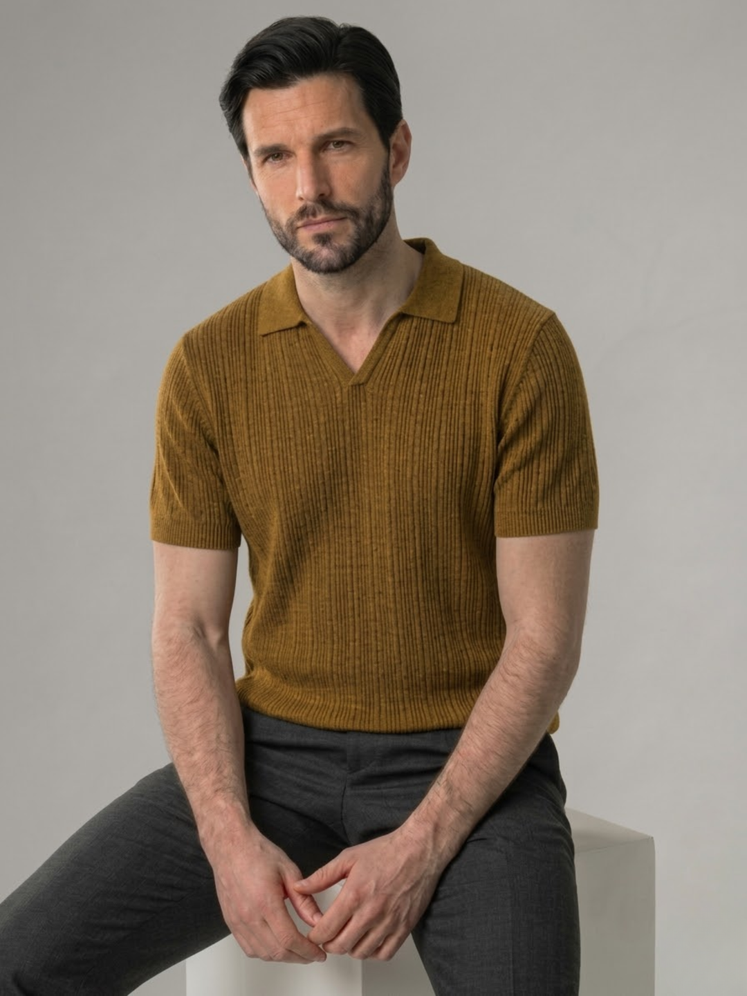 Men’s Ribbed Knit Polo – Lightweight Open Collar Summer Shirt