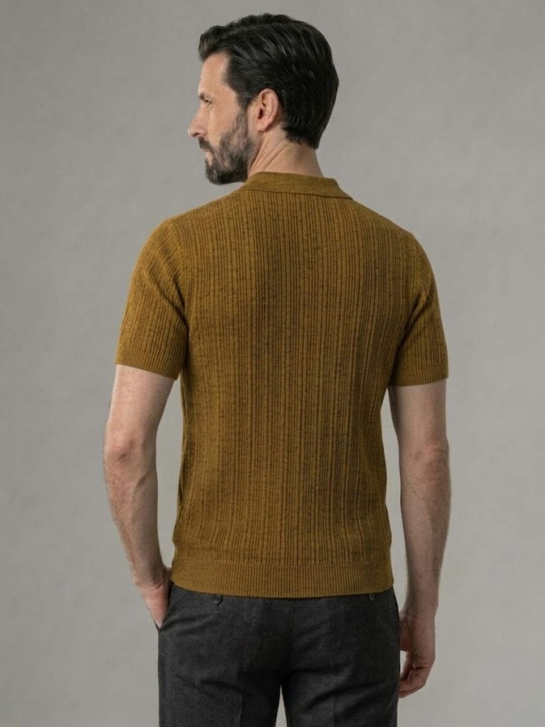 Men’s Ribbed Knit Polo – Lightweight Open Collar Summer Shirt