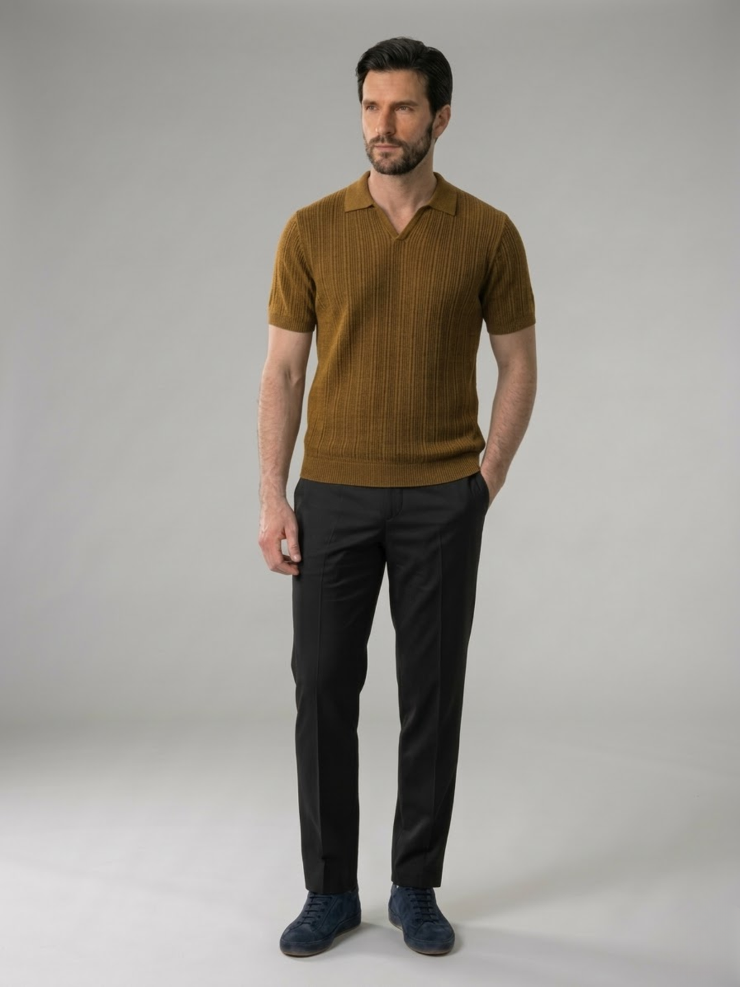 Men’s Ribbed Knit Polo – Lightweight Open Collar Summer Shirt
