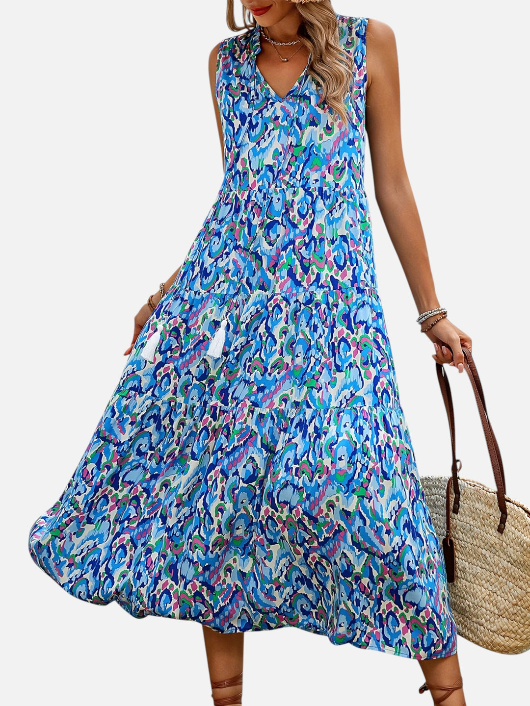 women's boho maxi dress sleeveless summer vacation outfit printed