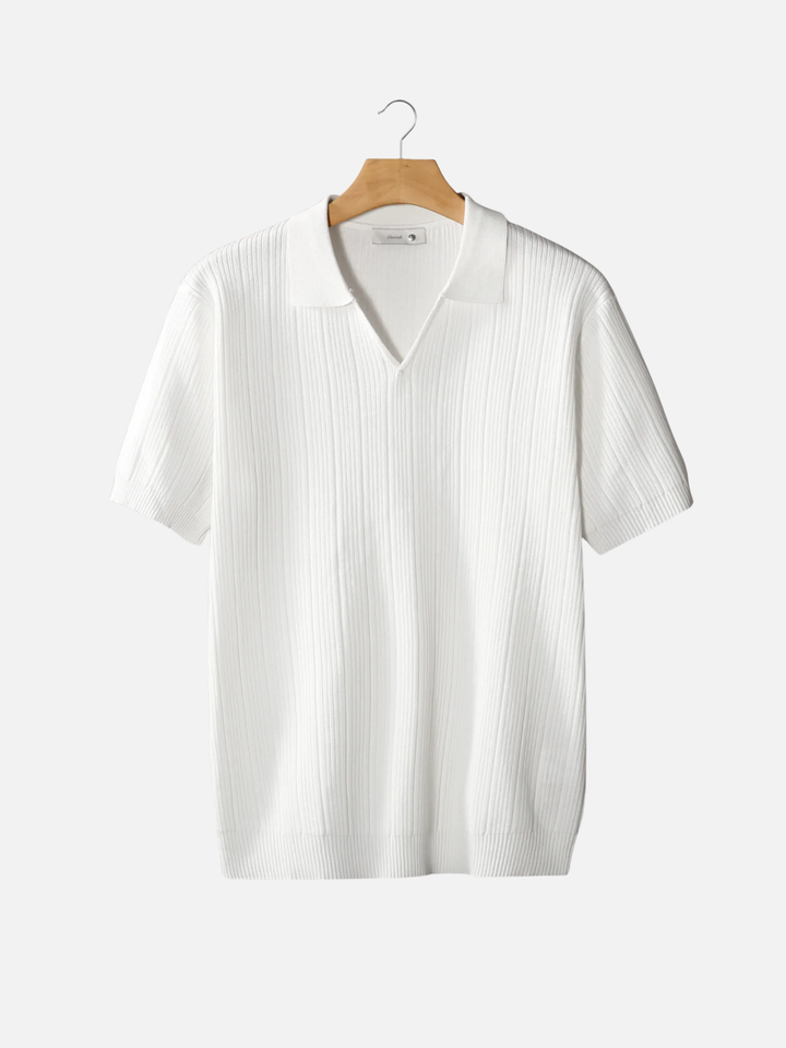 Men’s Ribbed Knit Polo – Lightweight Open Collar Summer Shirt