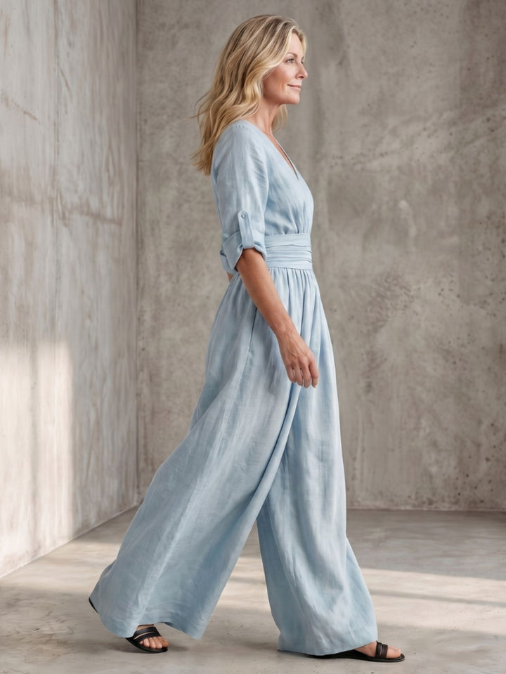 Women Full Length Jumpsuit Cross Bodice Soft Fabric Casual Elegant Wear