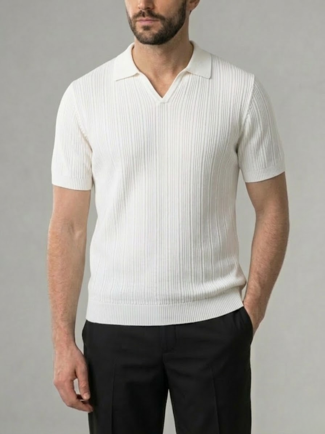 Men’s Ribbed Knit Polo – Lightweight Open Collar Summer Shirt