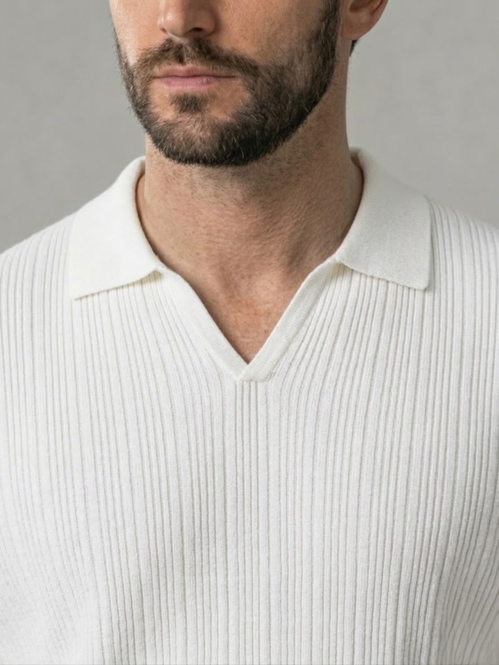 Men’s Ribbed Knit Polo – Lightweight Open Collar Summer Shirt