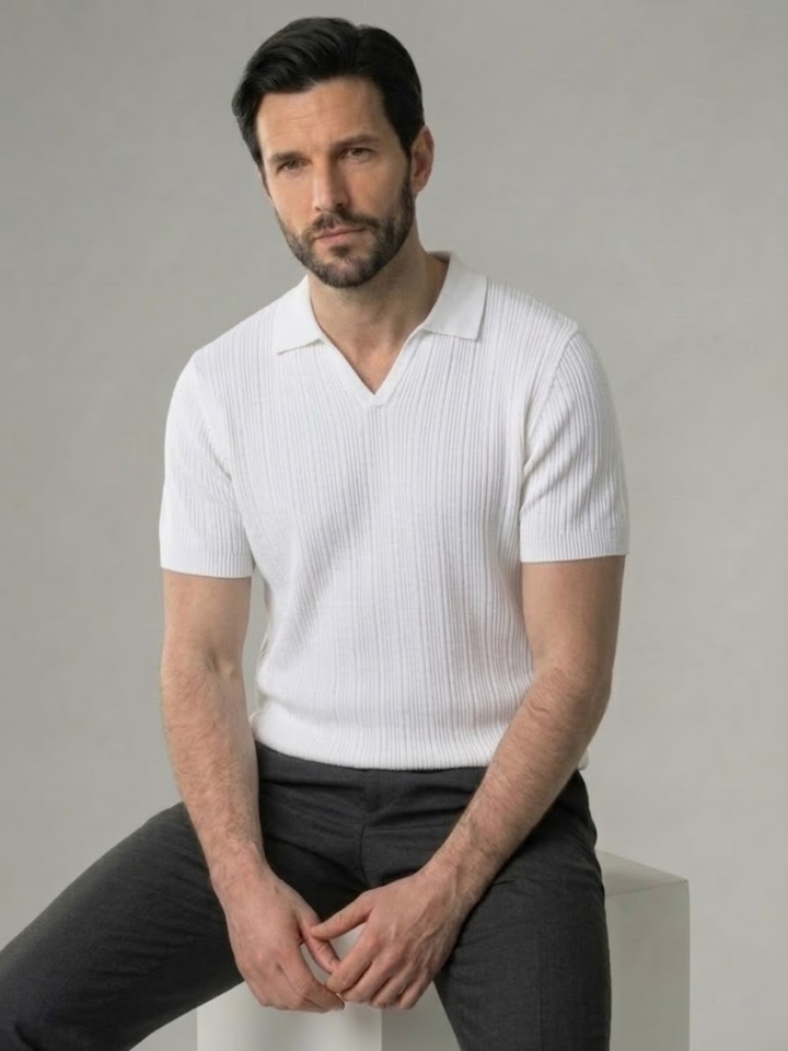 Men’s Ribbed Knit Polo – Lightweight Open Collar Summer Shirt