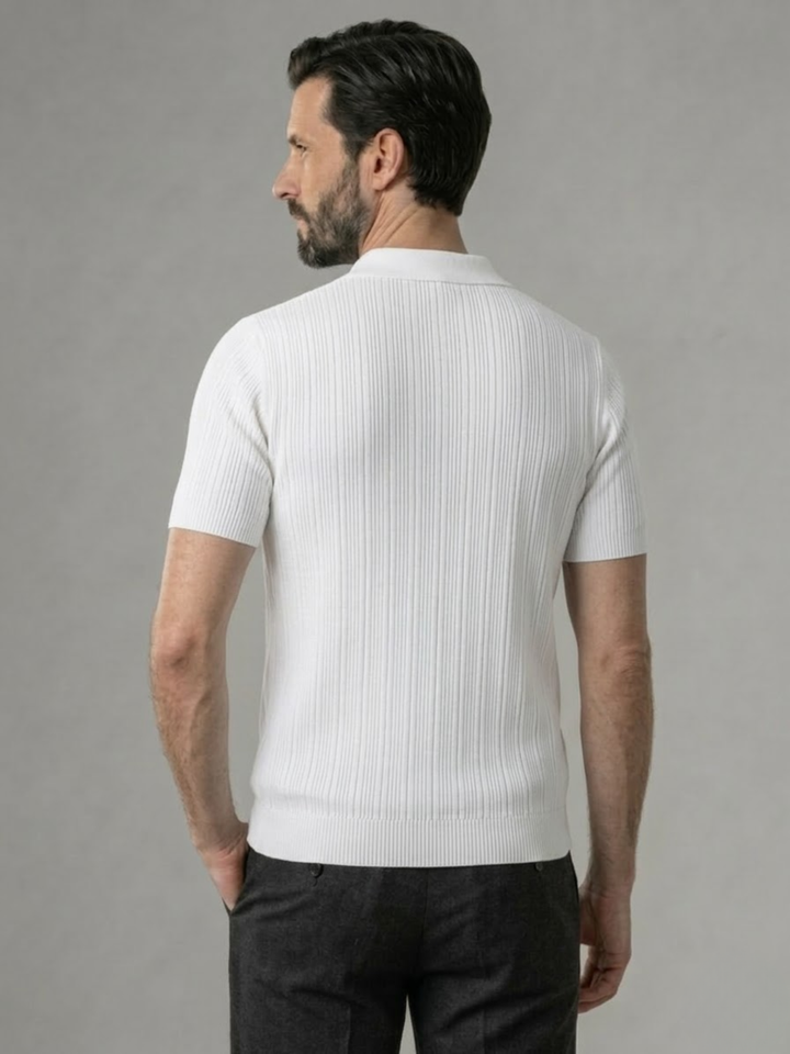 Men’s Ribbed Knit Polo – Lightweight Open Collar Summer Shirt