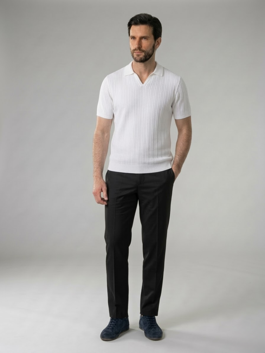 Men’s Ribbed Knit Polo – Lightweight Open Collar Summer Shirt