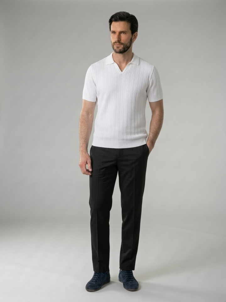 Men’s Ribbed Knit Polo – Lightweight Open Collar Summer Shirt