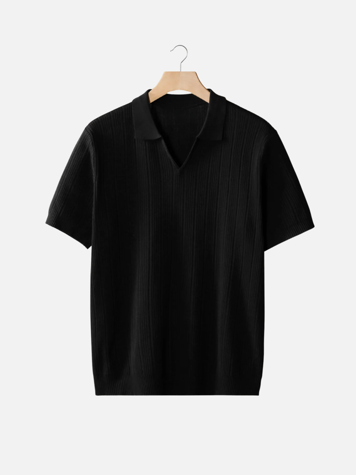Men’s Ribbed Knit Polo – Lightweight Open Collar Summer Shirt