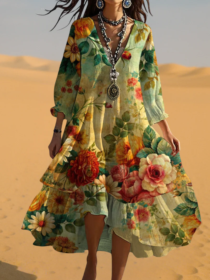 Women's Floral Midi Dress V-Neck 3/4 Sleeve Casual Wear