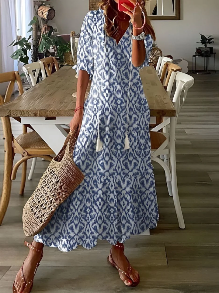 Women’s Boho Maxi Dress Tie Front Tassel Summer Vacation Dress