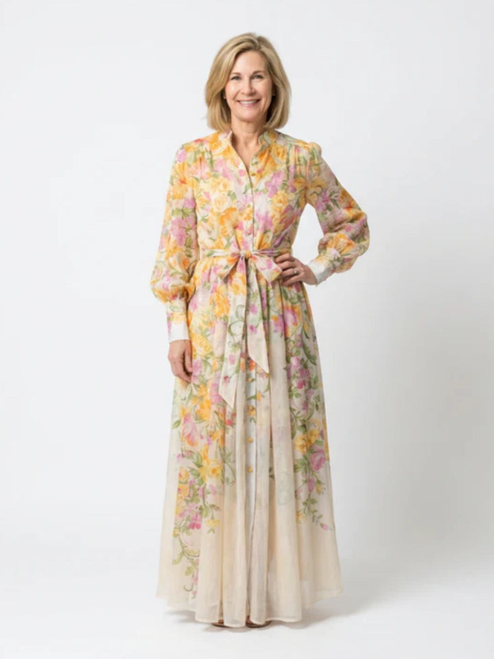 Women floral maxi dress sheer long sleeve summer outfit
