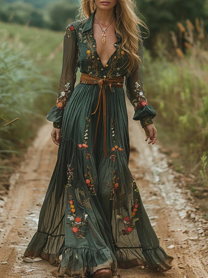 Women’s Embroidered Maxi Dress Summer Bohemian V-Neck Casual