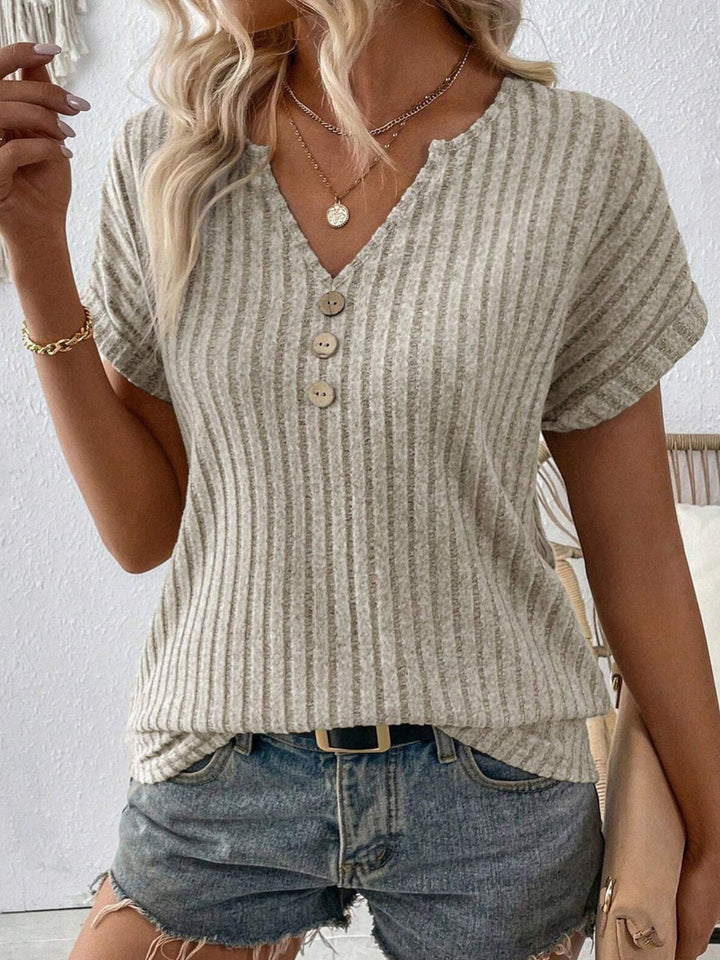 Women Casual Knit Top Short Sleeve Button Front Lightweight Wear
