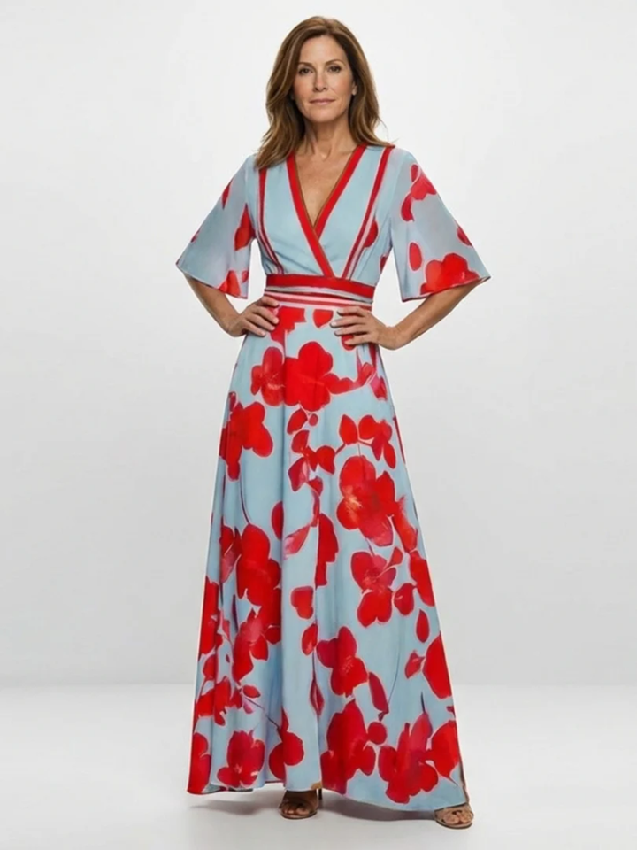 Women's Floral Maxi Dress Elegant V-Neck Short Sleeve Event Wear