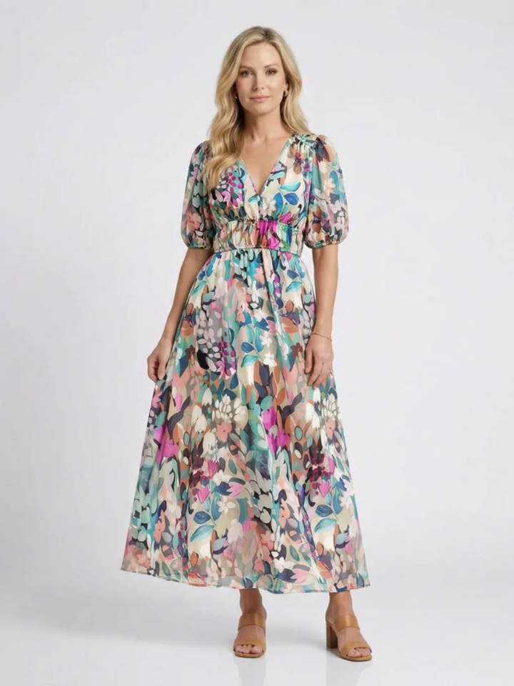 Women's Midi Dress Gathered Waist Flattering Fit Casual Elegant