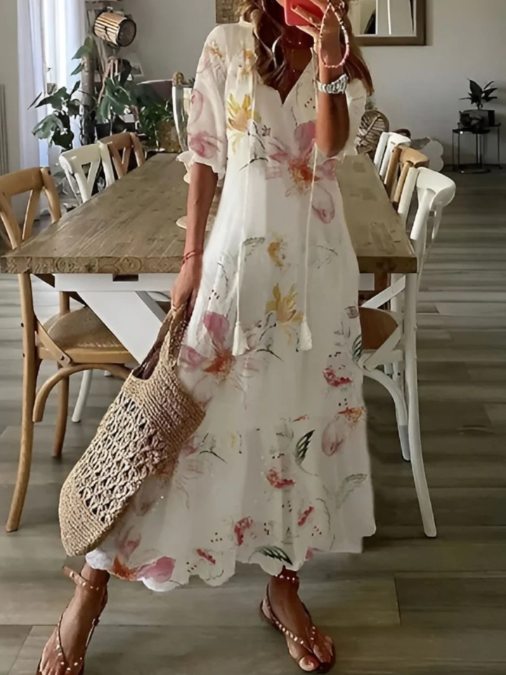 Women’s Flowy Maxi Dress Cotton Tie Front Casual Boho Dress