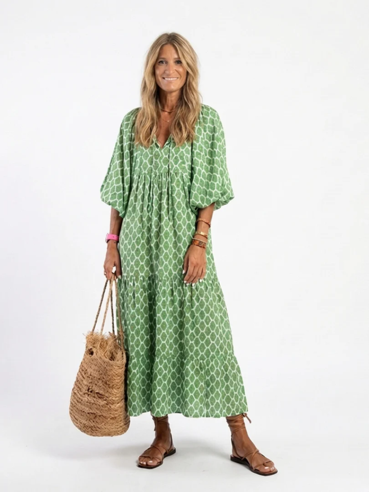 Women's Midi Dress V-Neck Patterned Dress for Work Wear