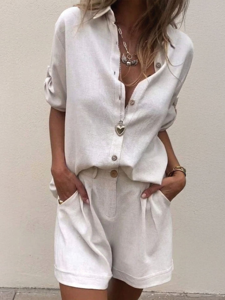 Women Summer Two Piece Set Breathable Linen Shirt Shorts Casual Outfit
