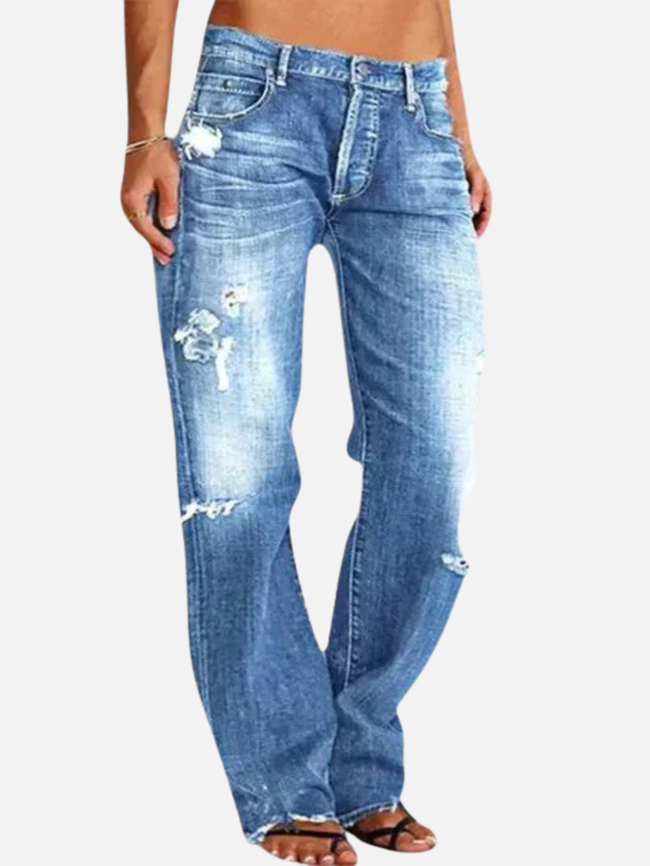 Women’s Low Rise Distressed Jeans Straight Leg Light Wash Denim