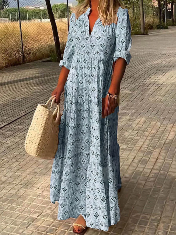 Women’s boho maxi dress v neck long sleeve printed casual dress