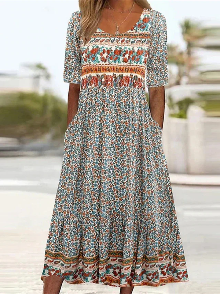 Women's Boho Print Midi Dress for Summer Casual Wear