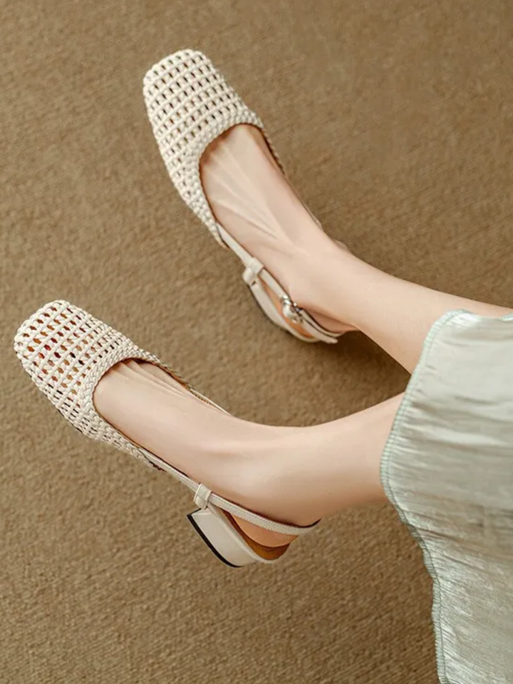 Women’s summer mid heel sandals breathable woven ankle strap