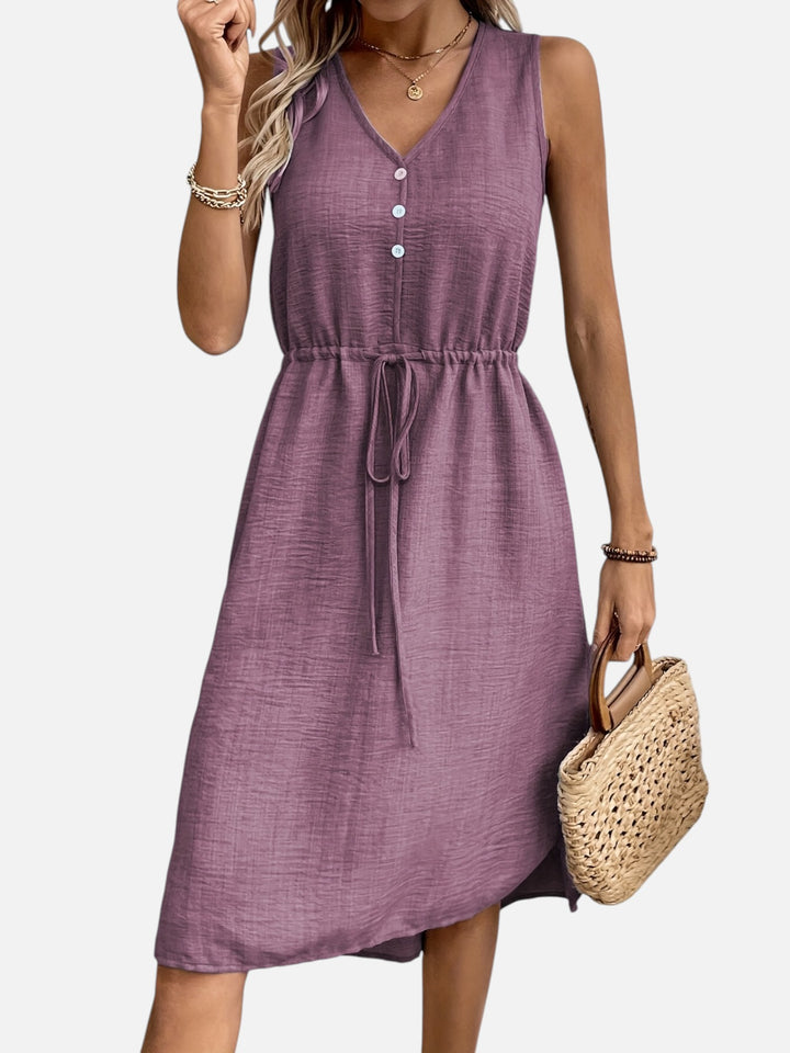 Women's Casual Summer Maxi Dress V-Neck Drawstring Waist