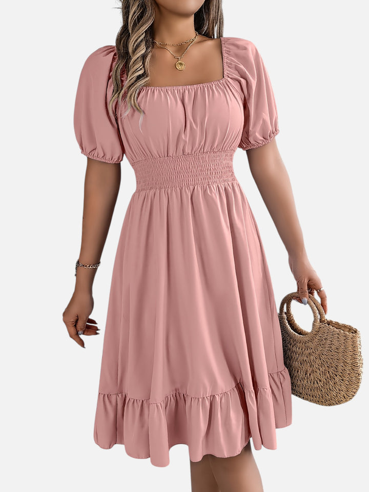Women’s Midi Dress Square Neck A-Line Waist Belt Summer Dress