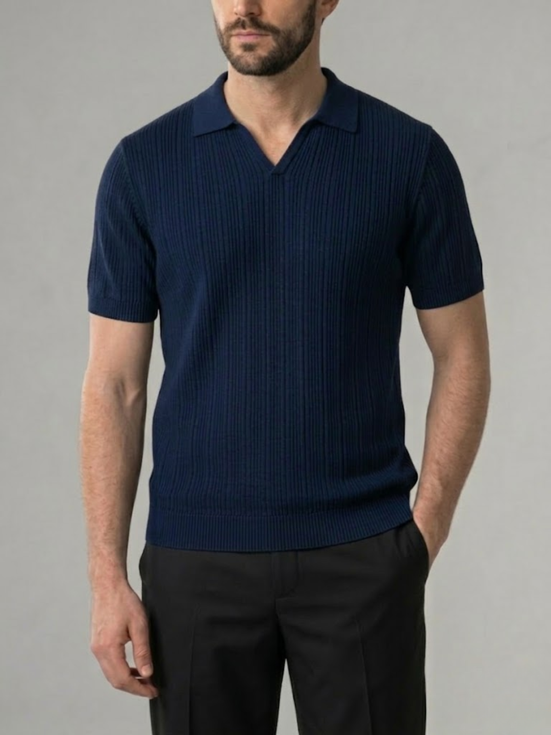 Men’s Ribbed Knit Polo – Lightweight Open Collar Summer Shirt