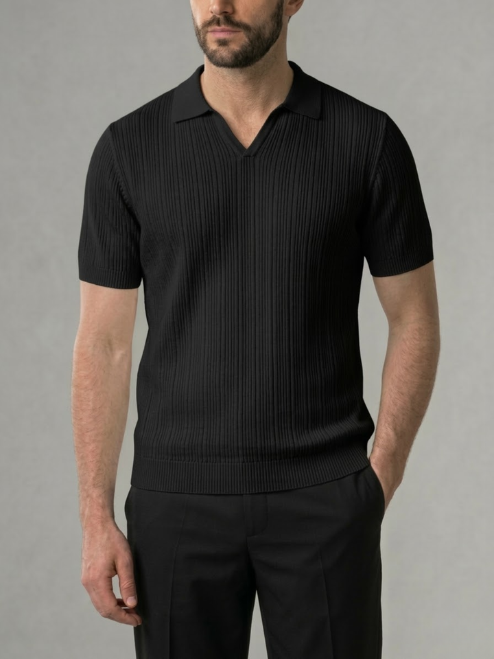 Men’s Ribbed Knit Polo – Lightweight Open Collar Summer Shirt