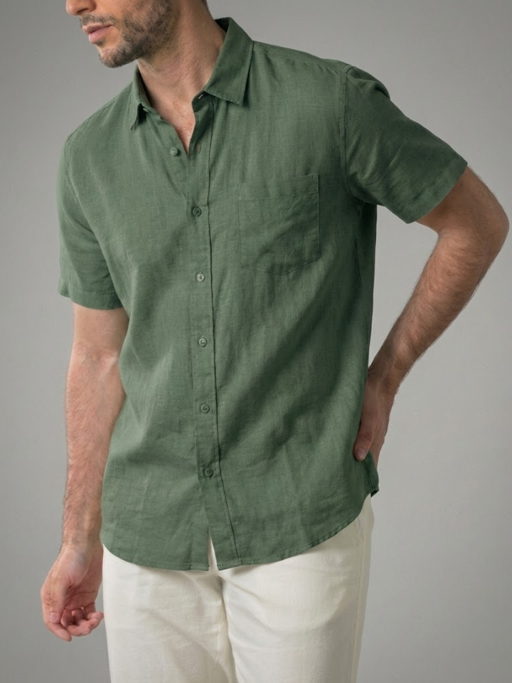 Men's Linen Short Sleeve Shirt for Summer Lightweight Breathable