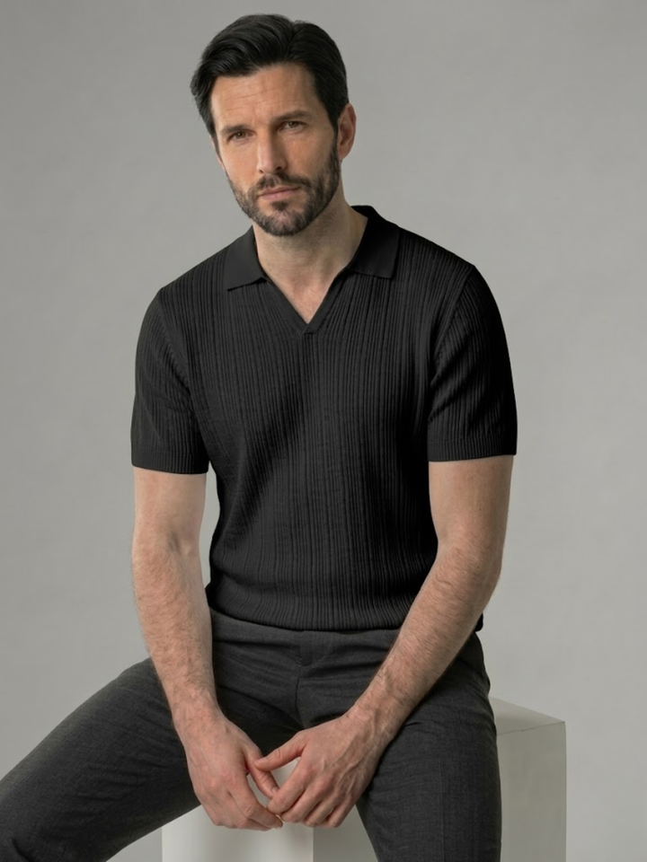 Men’s Ribbed Knit Polo – Lightweight Open Collar Summer Shirt