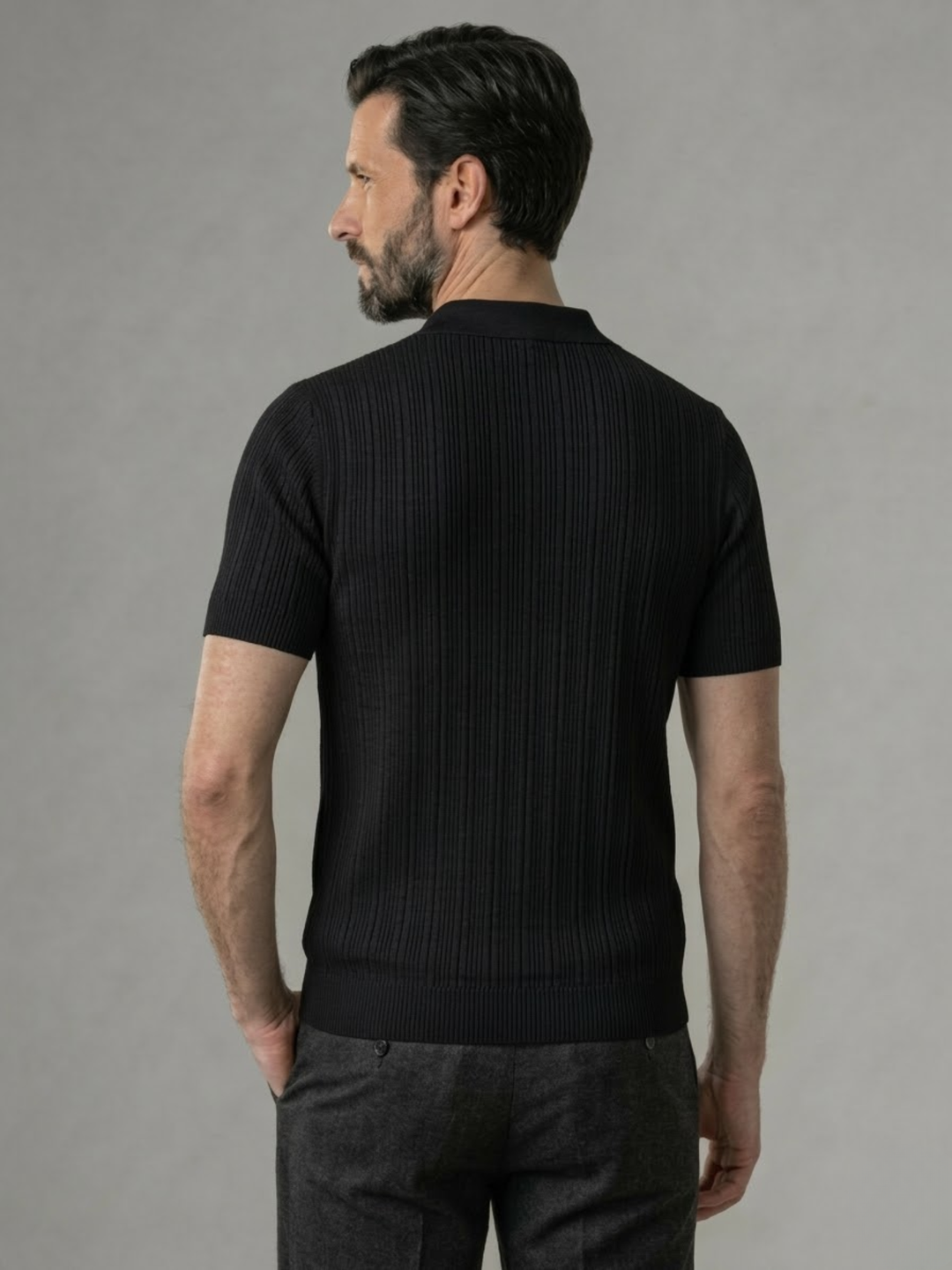 Men’s Ribbed Knit Polo – Lightweight Open Collar Summer Shirt