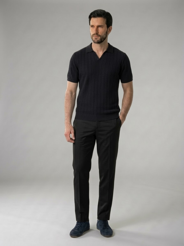 Men’s Ribbed Knit Polo – Lightweight Open Collar Summer Shirt