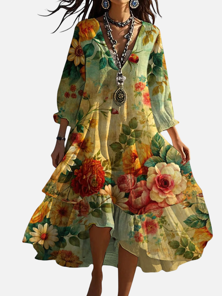 Women's Floral Midi Dress V-Neck 3/4 Sleeve Casual Wear