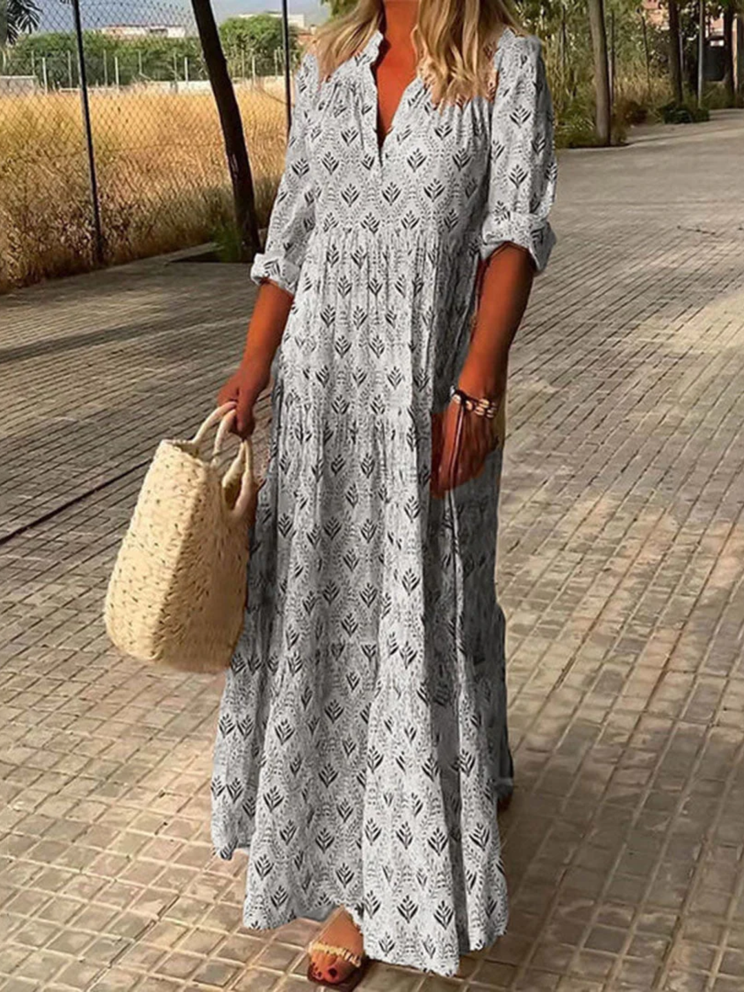 Women’s boho maxi dress v neck long sleeve printed casual dress