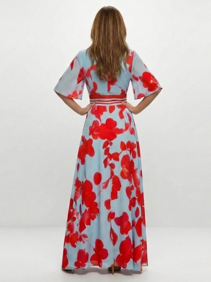Women's Floral Maxi Dress Elegant V-Neck Short Sleeve Event Wear