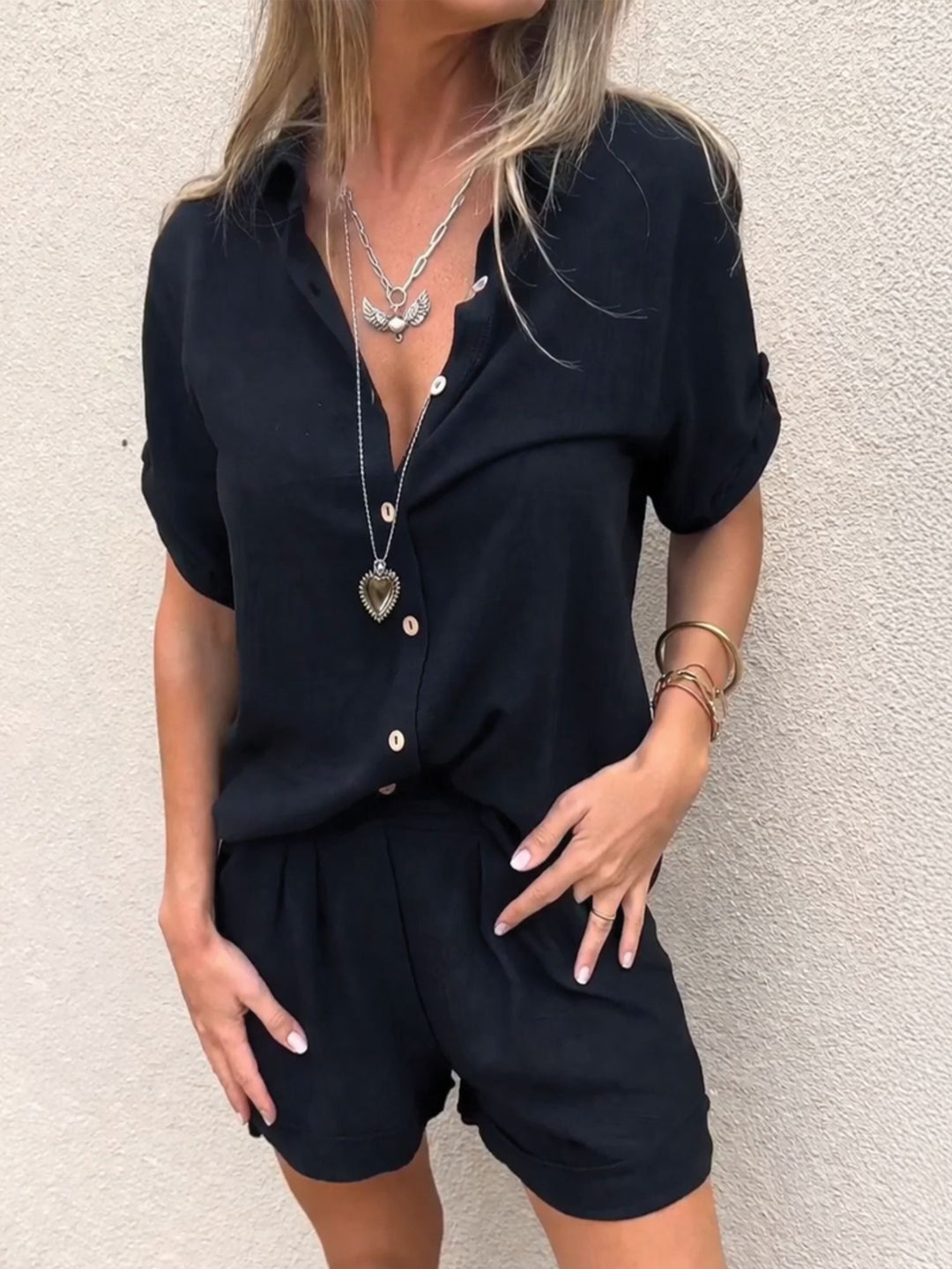 Women Summer Two Piece Set Breathable Linen Shirt Shorts Casual Outfit
