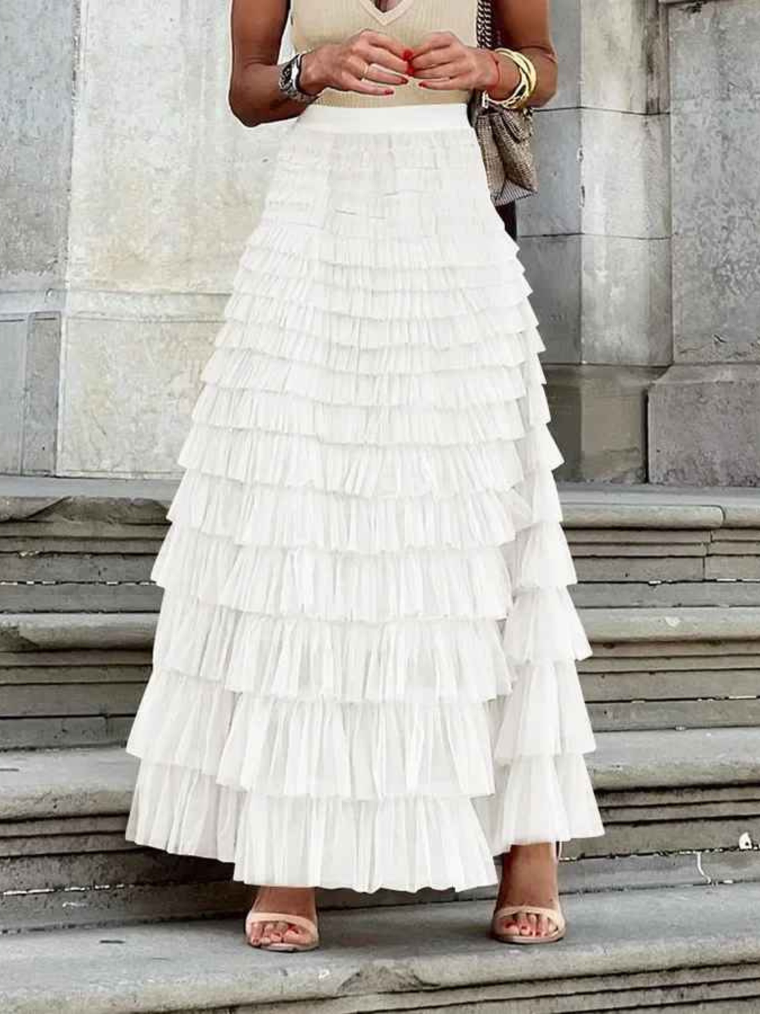 Women's boho mesh tiered skirt high waist summer outfit
