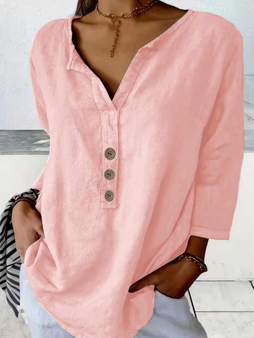 Women's Loose Fit V-Neck Button Blouse Casual Summer Shirt
