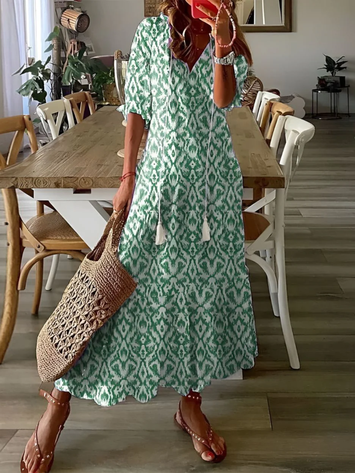 Women’s Boho Maxi Dress Tie Front Tassel Summer Vacation Dress