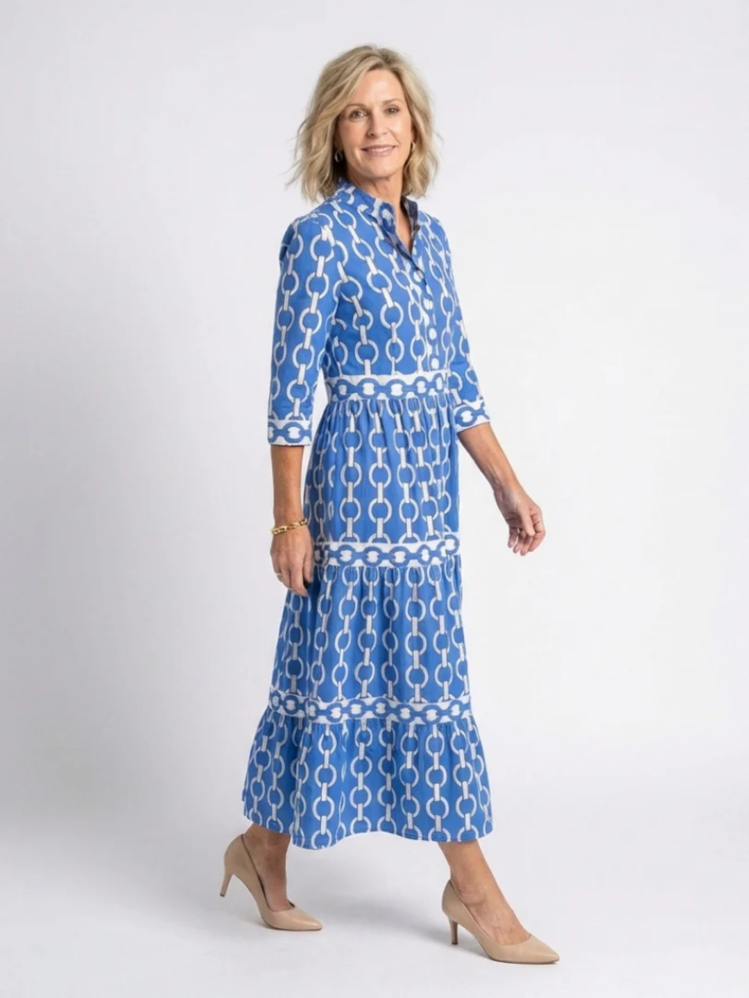 Women's chain print midi dress 3/4 sleeve elegant evening wear